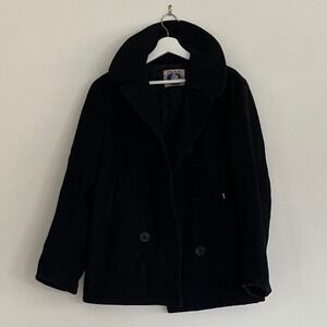 Top Sail Vintage Black Wool Nautical Pea Coat Double Breasted Anchor Buttons